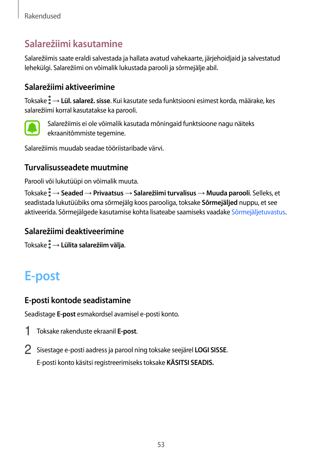 Samsung SM-T810NZDESEB, SM-T810NZKESEB, SM-T810NZWESEB manual Post, Salarežiimi kasutamine 