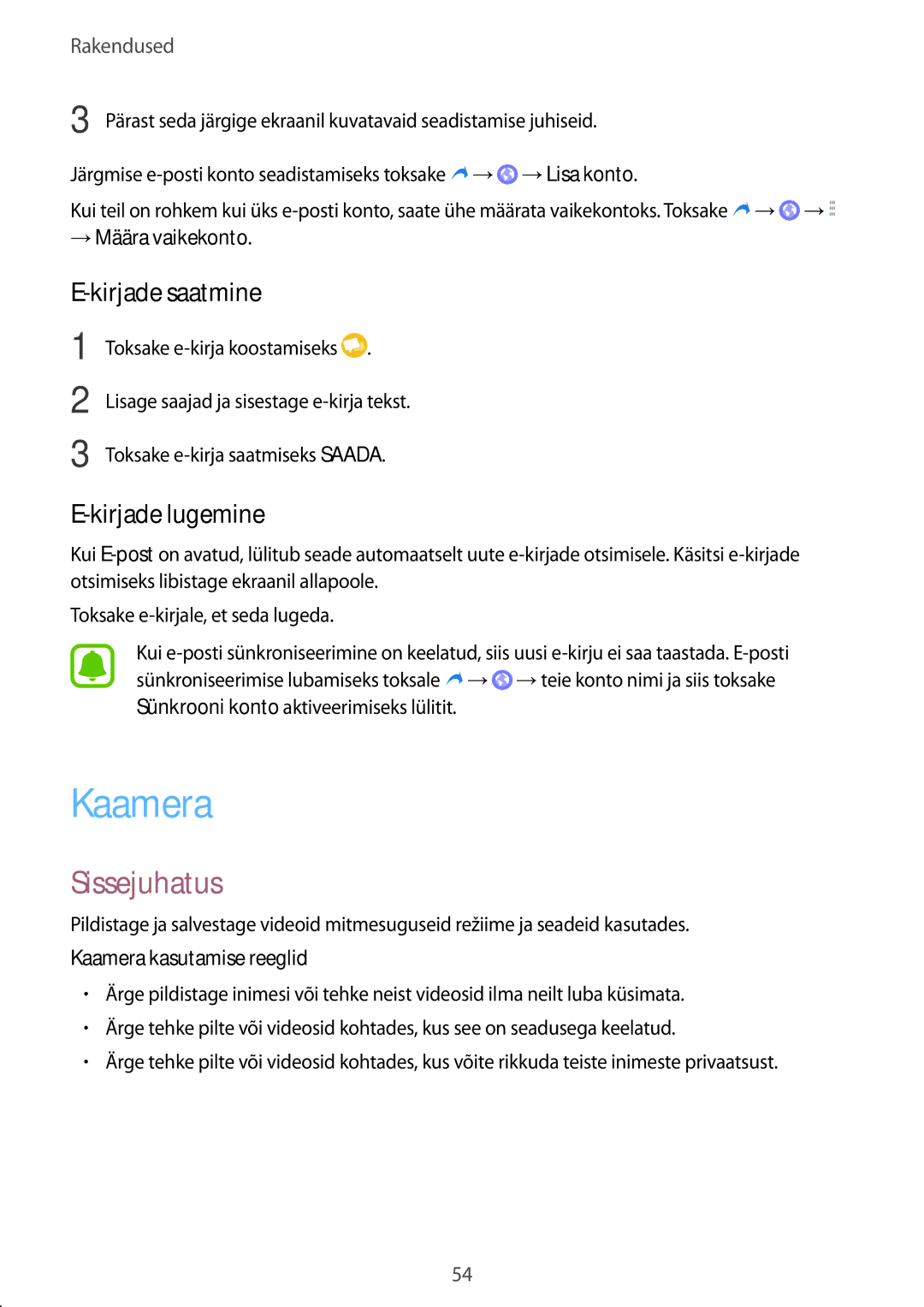 Samsung SM-T810NZKESEB manual Kirjade saatmine, Kirjade lugemine, → Määra vaikekonto, Kaamera kasutamise reeglid 