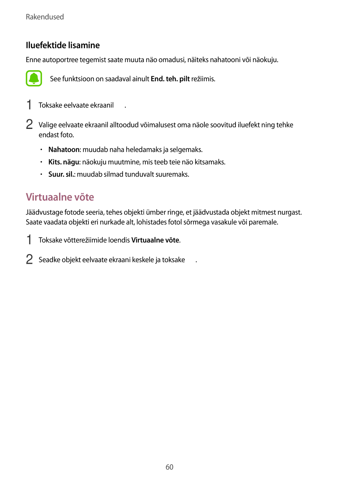 Samsung SM-T810NZKESEB, SM-T810NZWESEB, SM-T810NZDESEB manual Virtuaalne võte, Iluefektide lisamine 