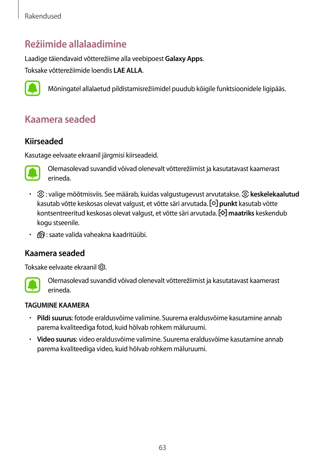 Samsung SM-T810NZKESEB, SM-T810NZWESEB, SM-T810NZDESEB manual Režiimide allalaadimine, Kaamera seaded, Kiirseaded 