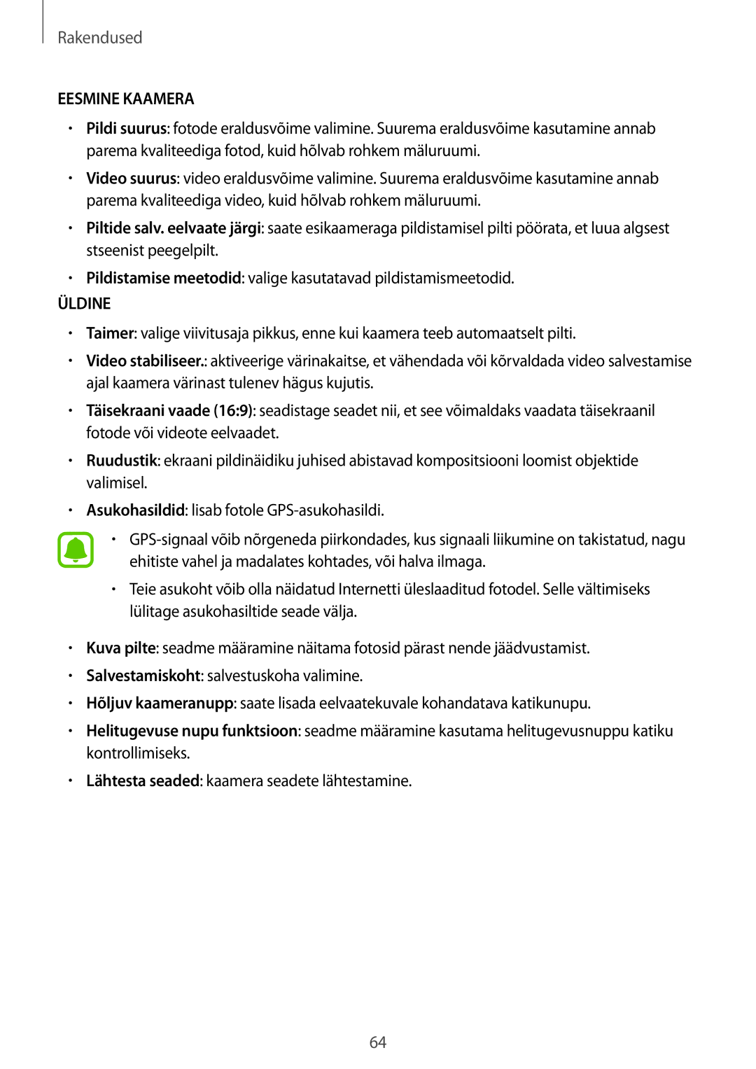 Samsung SM-T810NZWESEB, SM-T810NZKESEB, SM-T810NZDESEB manual Eesmine Kaamera 