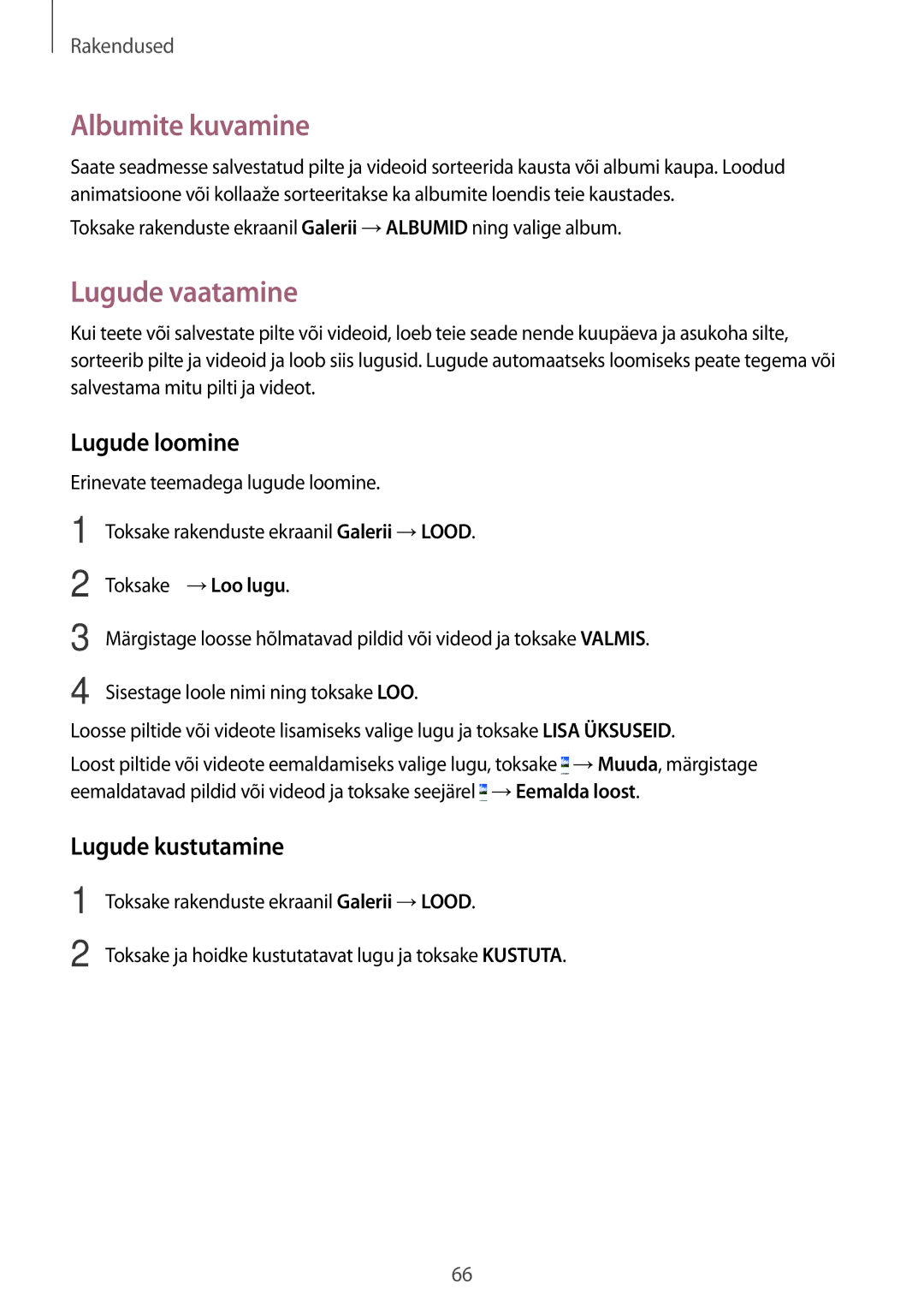 Samsung SM-T810NZKESEB, SM-T810NZWESEB manual Albumite kuvamine, Lugude vaatamine, Lugude loomine, Lugude kustutamine 