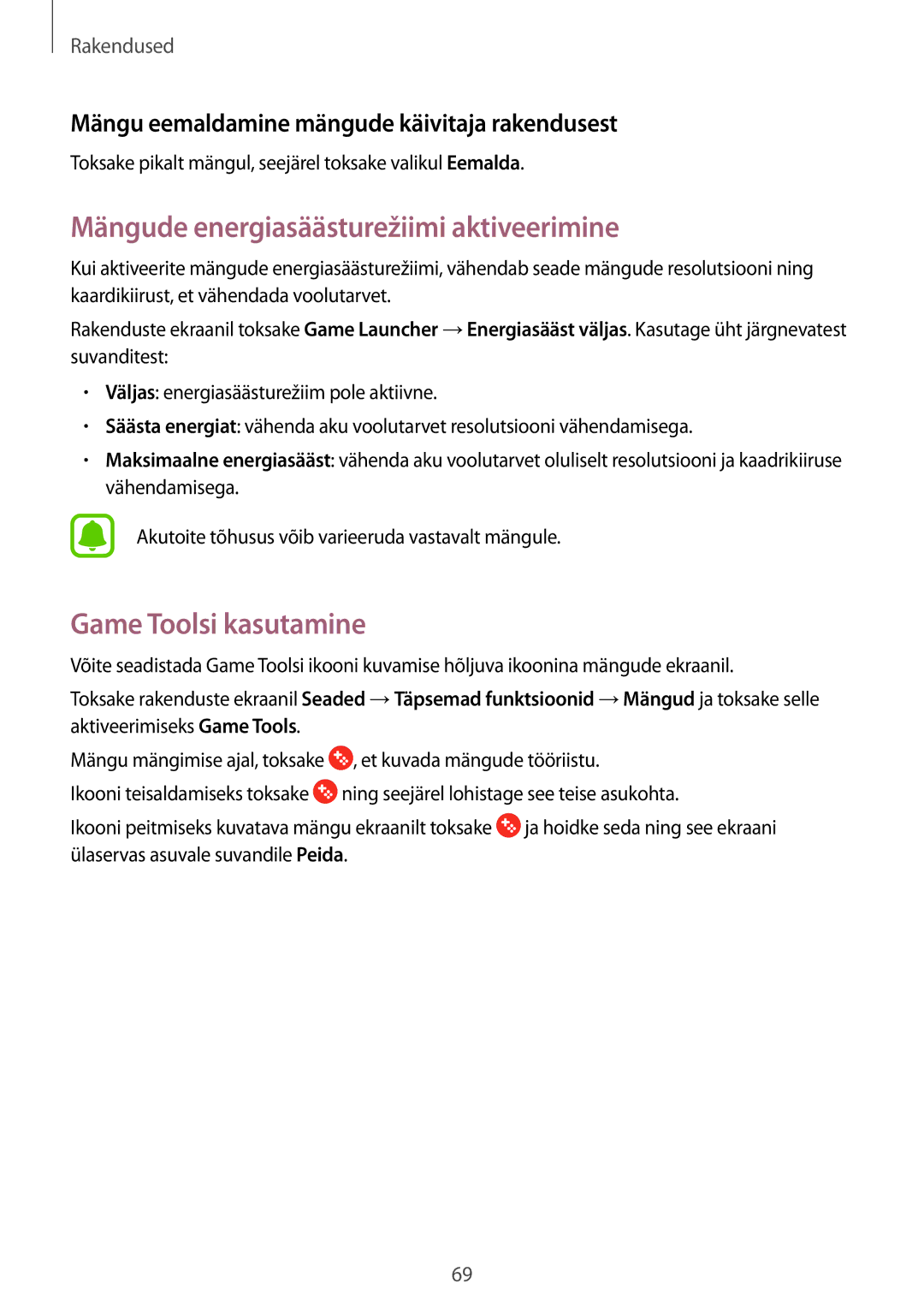 Samsung SM-T810NZKESEB, SM-T810NZWESEB, SM-T810NZDESEB Mängude energiasäästurežiimi aktiveerimine, Game Toolsi kasutamine 