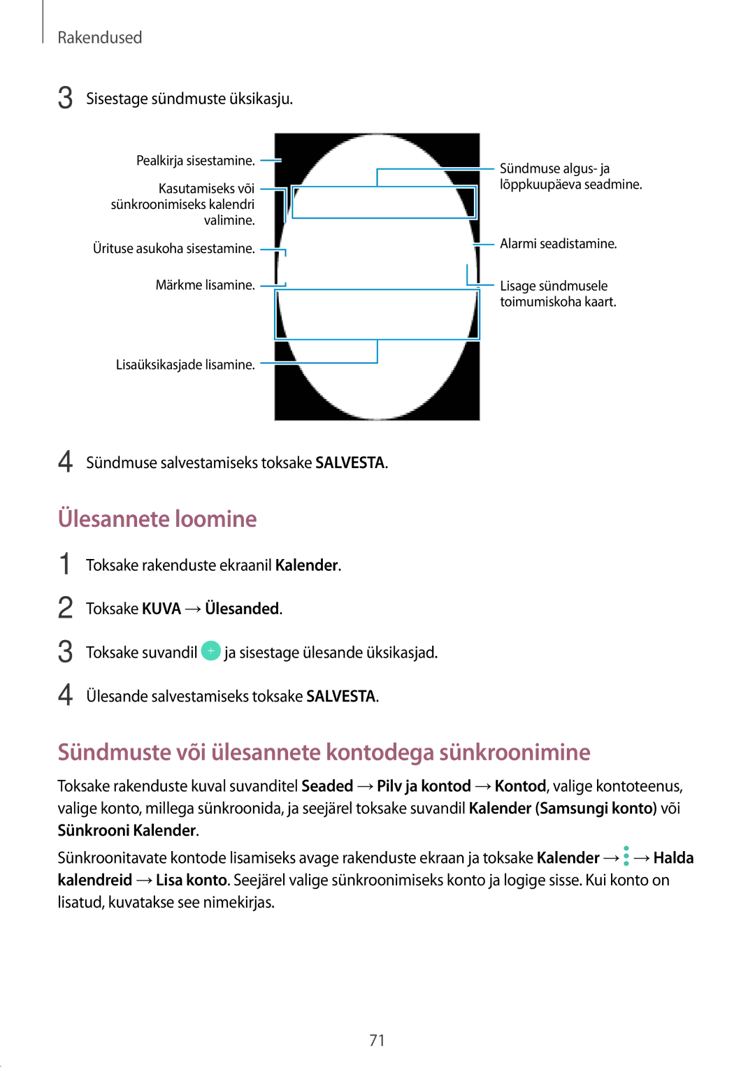 Samsung SM-T810NZDESEB manual Ülesannete loomine, Sündmuste või ülesannete kontodega sünkroonimine, Toksake Kuva →Ülesanded 