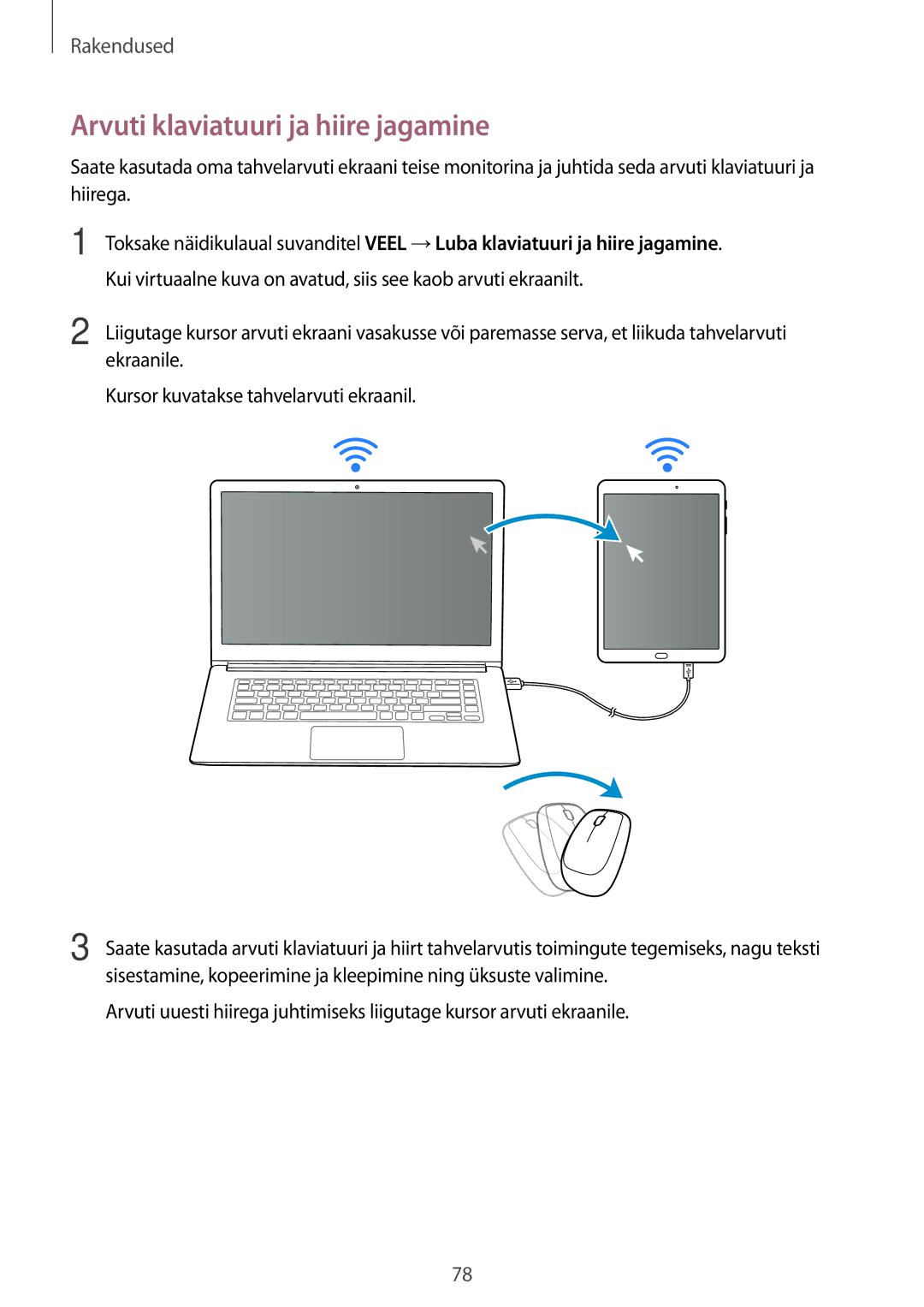 Samsung SM-T810NZKESEB, SM-T810NZWESEB, SM-T810NZDESEB manual Arvuti klaviatuuri ja hiire jagamine 