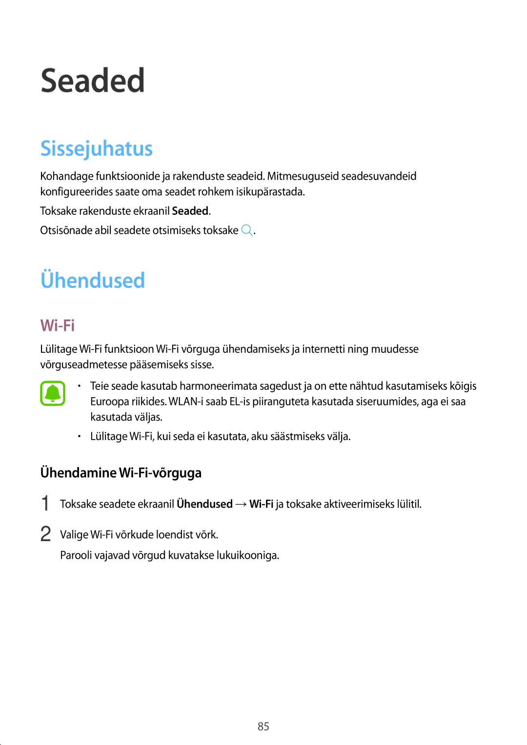 Samsung SM-T810NZWESEB, SM-T810NZKESEB, SM-T810NZDESEB manual Sissejuhatus, Ühendused, Ühendamine Wi-Fi-võrguga 