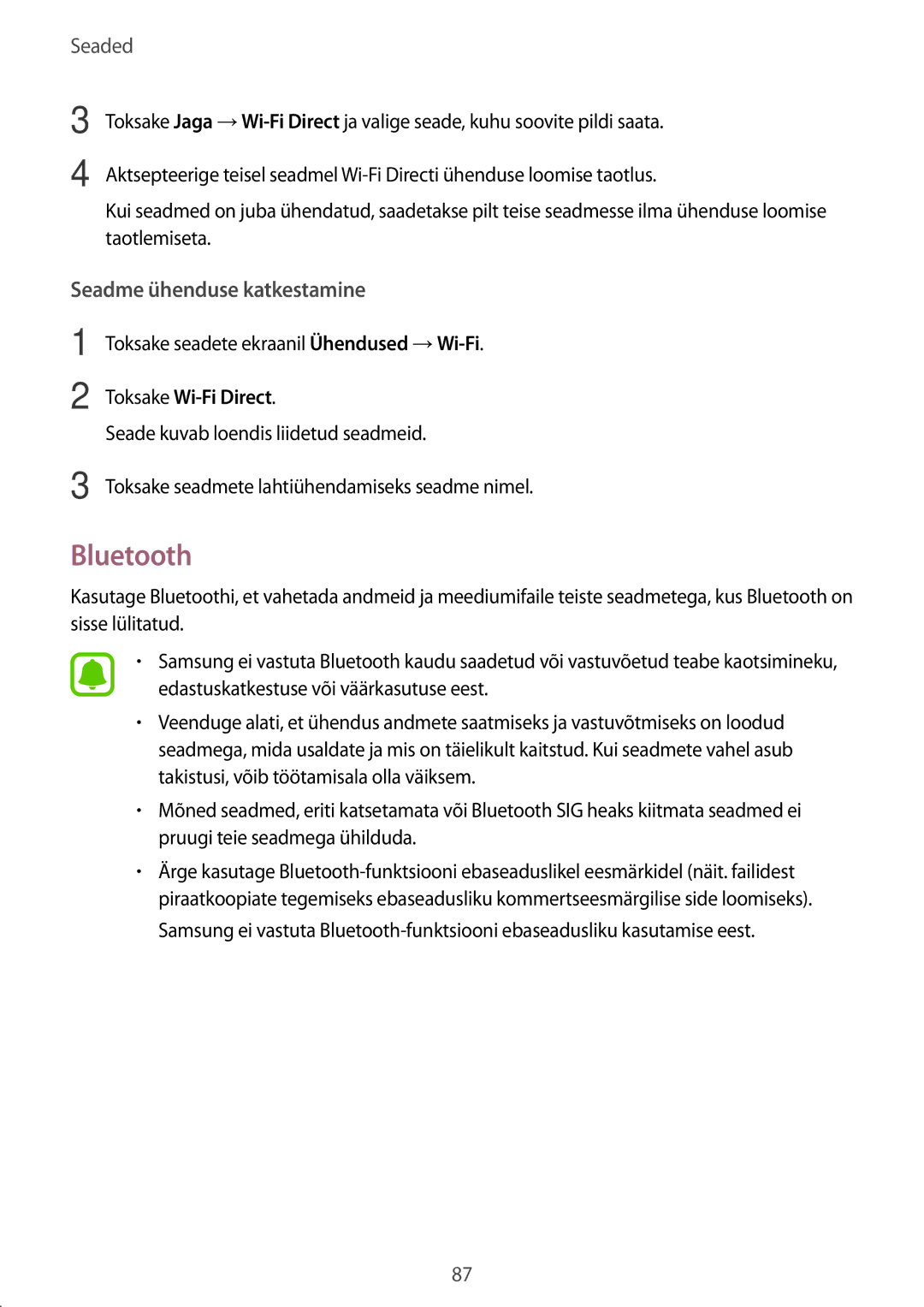 Samsung SM-T810NZKESEB, SM-T810NZWESEB, SM-T810NZDESEB manual Bluetooth, Seadme ühenduse katkestamine 