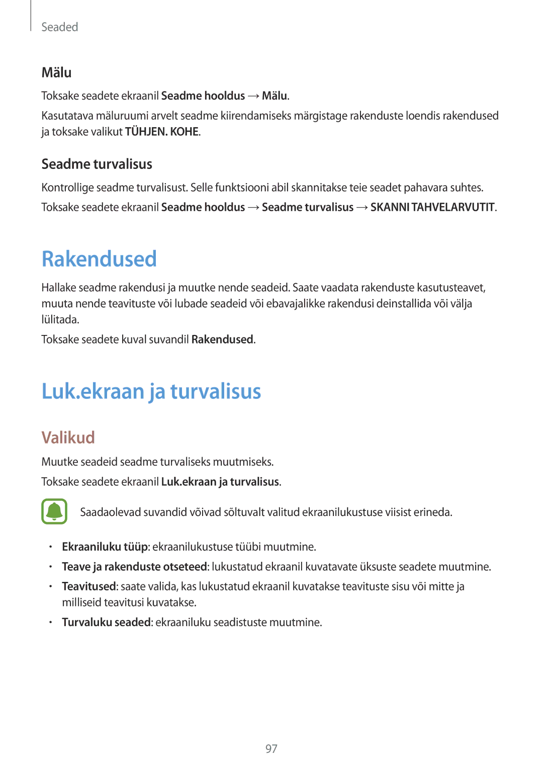 Samsung SM-T810NZWESEB, SM-T810NZKESEB, SM-T810NZDESEB manual Rakendused, Luk.ekraan ja turvalisus, Mälu, Seadme turvalisus 