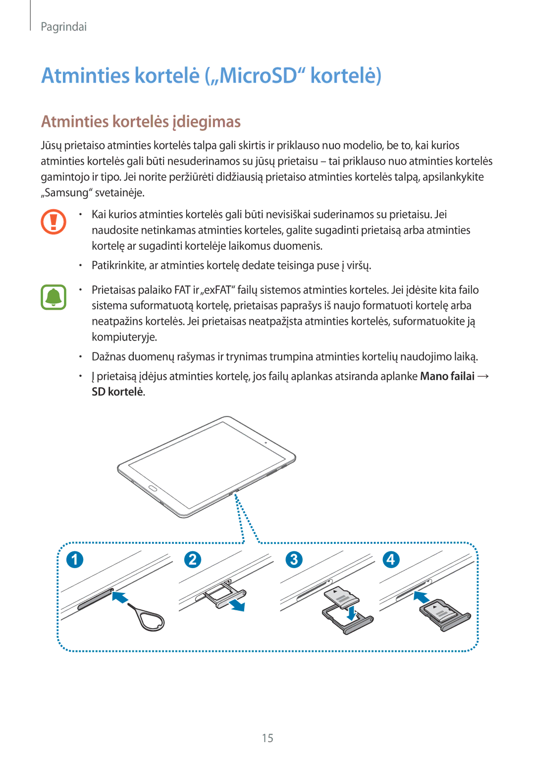 Samsung SM-T810NZKESEB, SM-T810NZWESEB, SM-T810NZDESEB Atminties kortelė „MicroSD kortelė, Atminties kortelės įdiegimas 