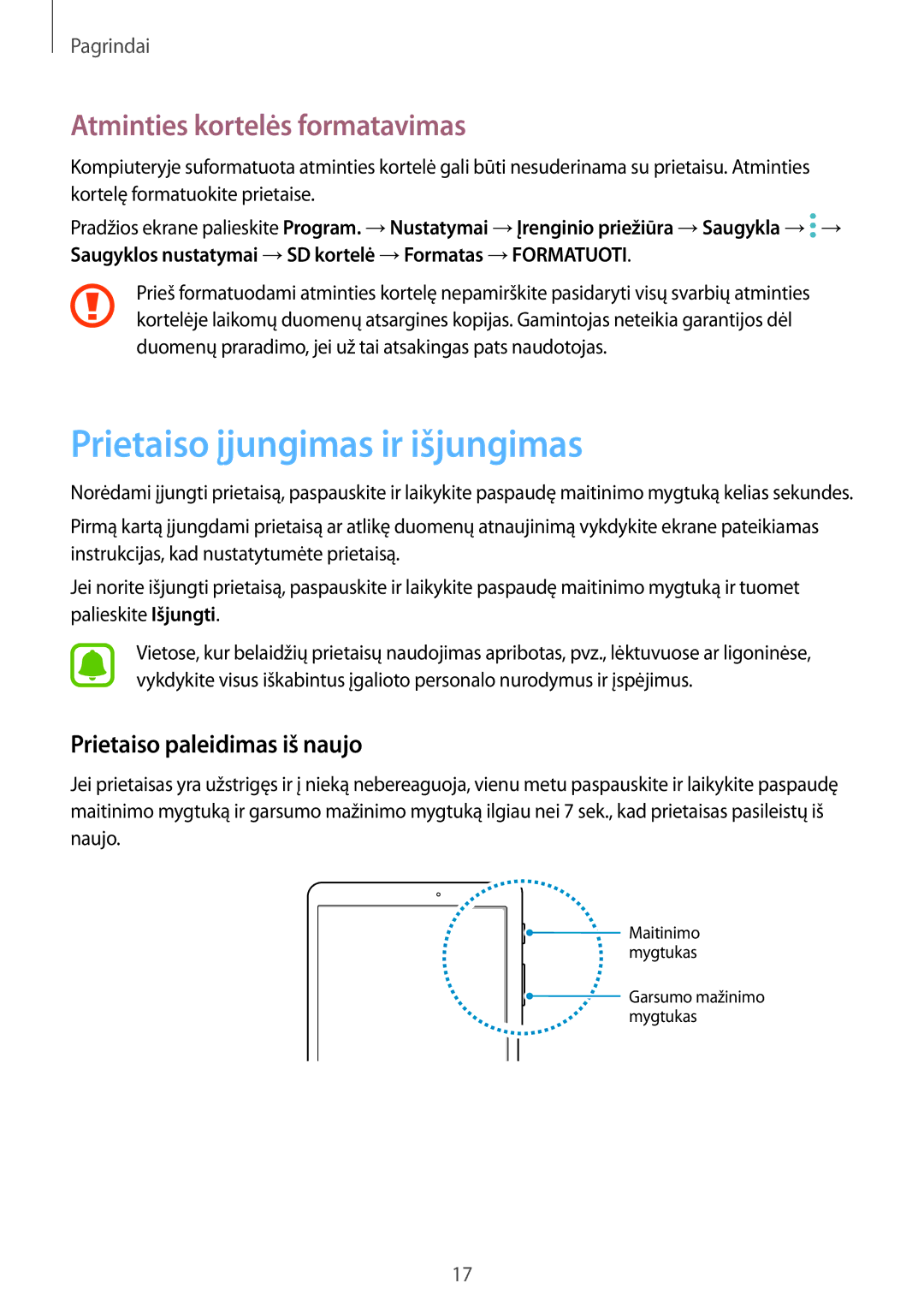 Samsung SM-T810NZDESEB Prietaiso įjungimas ir išjungimas, Atminties kortelės formatavimas, Prietaiso paleidimas iš naujo 