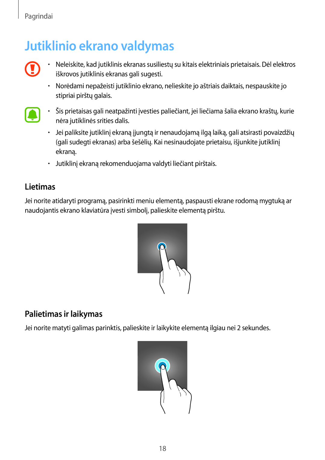 Samsung SM-T810NZKESEB, SM-T810NZWESEB, SM-T810NZDESEB manual Jutiklinio ekrano valdymas, Lietimas, Palietimas ir laikymas 