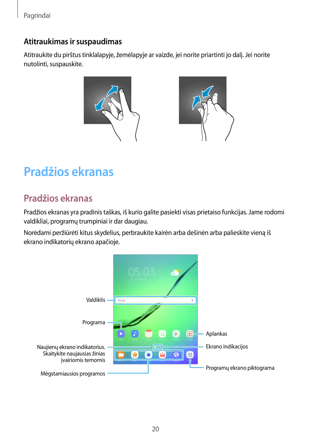Samsung SM-T810NZDESEB, SM-T810NZKESEB, SM-T810NZWESEB manual Pradžios ekranas, Atitraukimas ir suspaudimas 