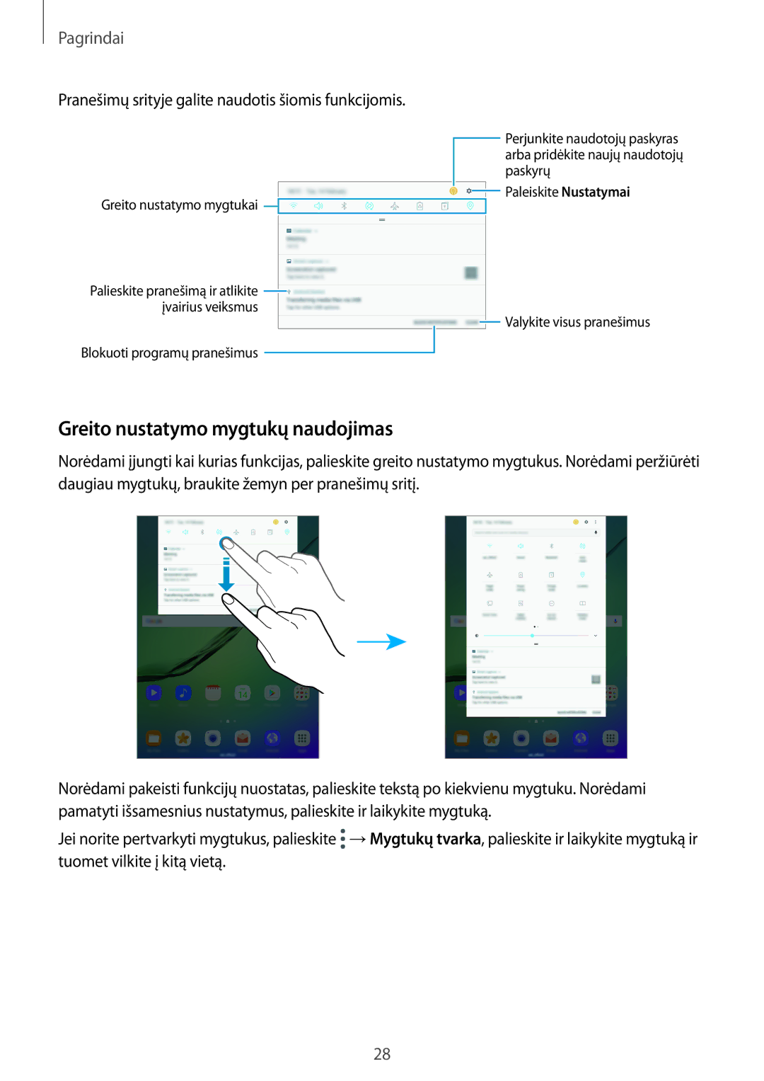 Samsung SM-T810NZWESEB manual Greito nustatymo mygtukų naudojimas, Pranešimų srityje galite naudotis šiomis funkcijomis 