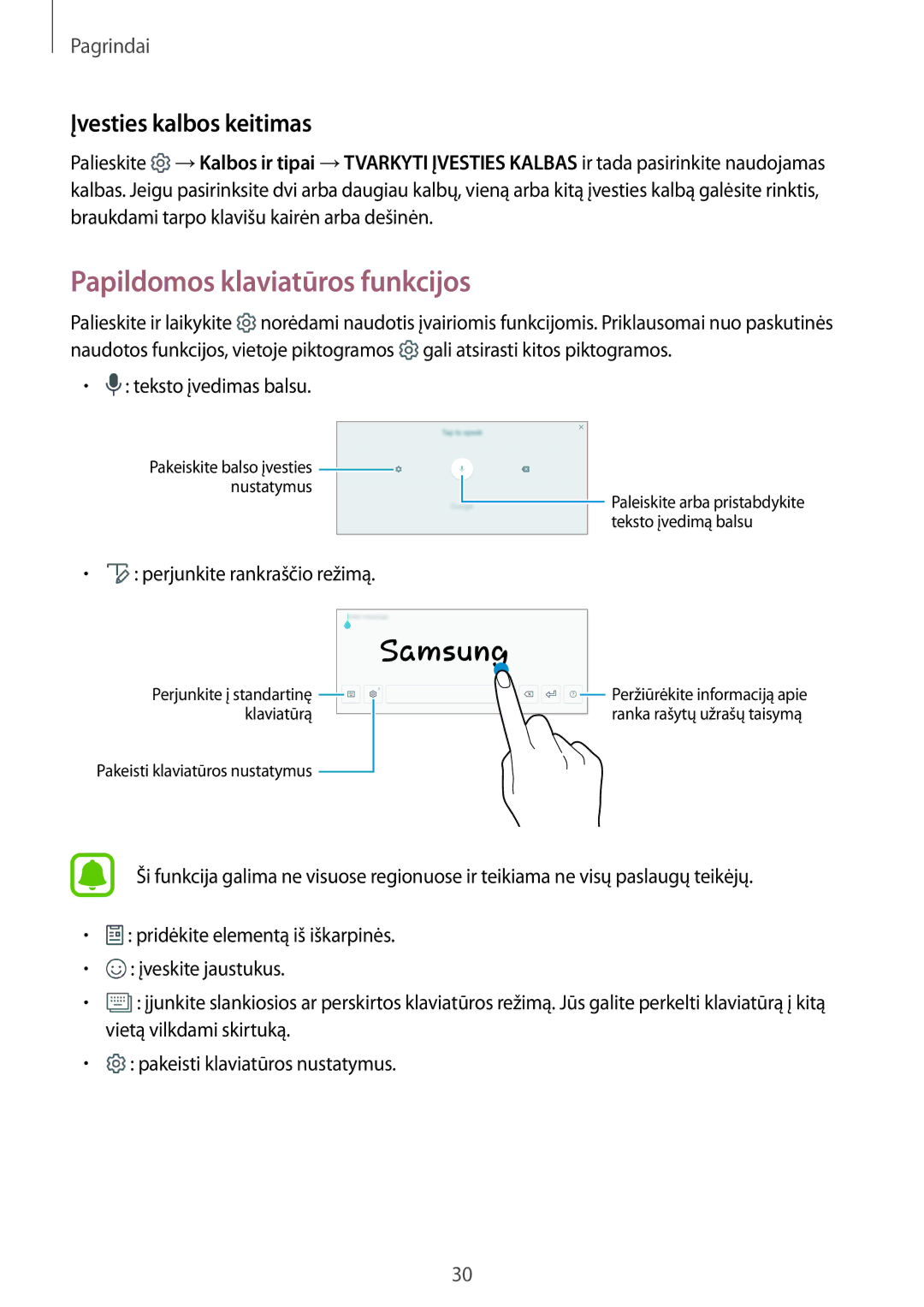 Samsung SM-T810NZKESEB, SM-T810NZWESEB, SM-T810NZDESEB manual Papildomos klaviatūros funkcijos, Įvesties kalbos keitimas 