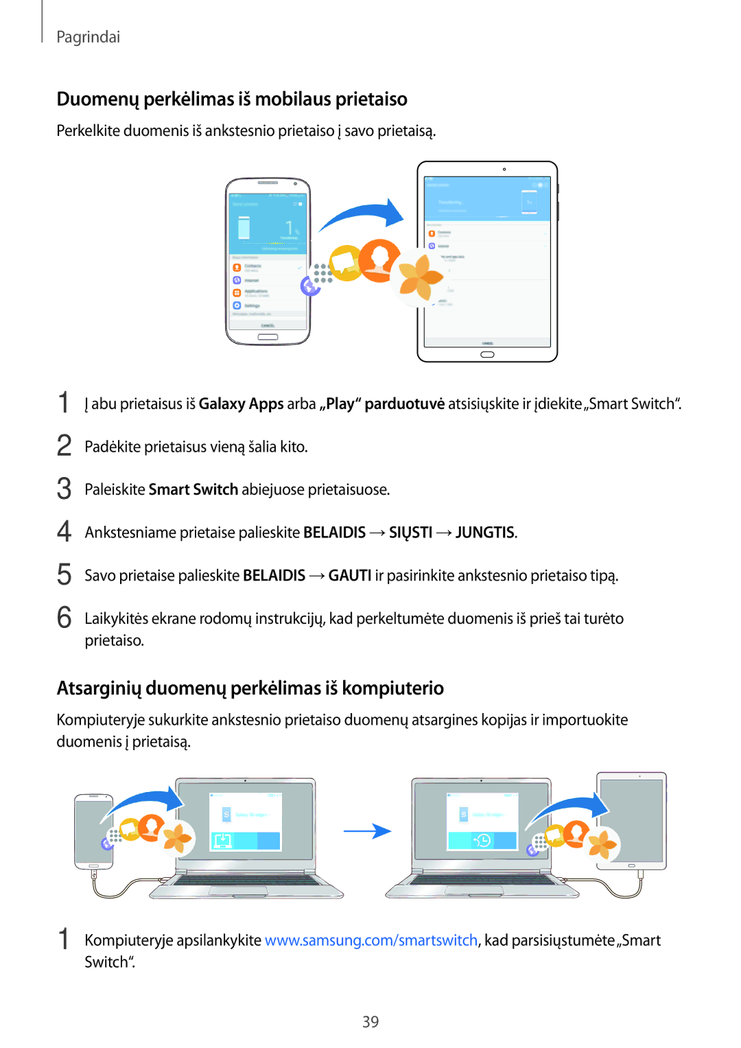 Samsung SM-T810NZKESEB manual Duomenų perkėlimas iš mobilaus prietaiso, Atsarginių duomenų perkėlimas iš kompiuterio 