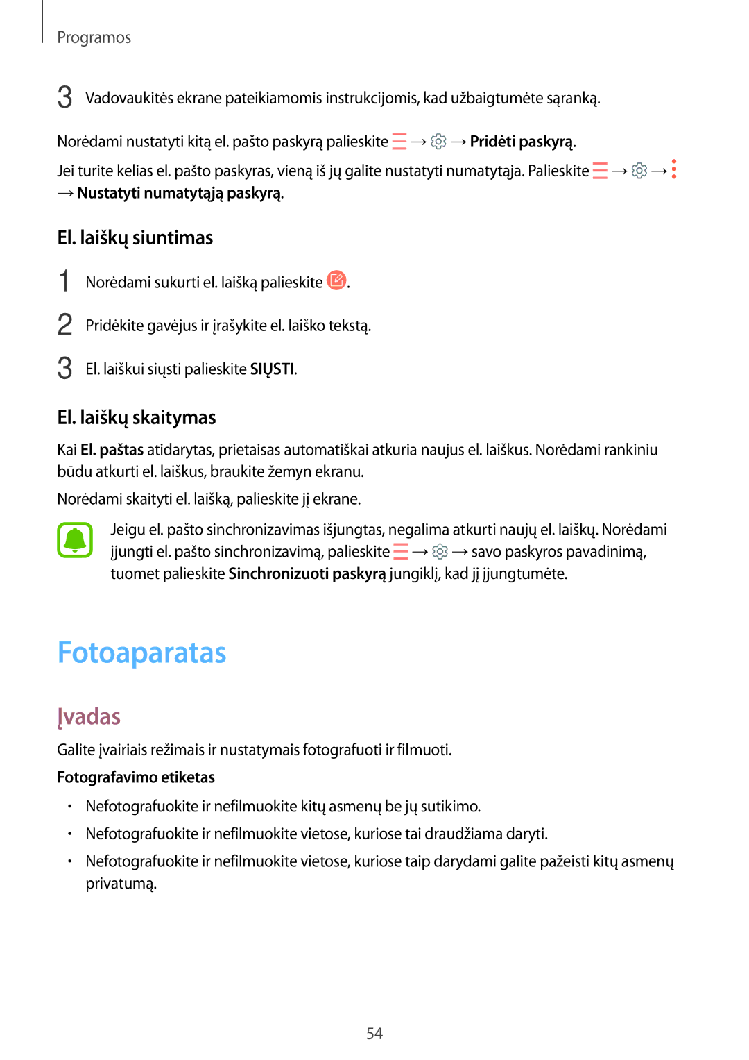 Samsung SM-T810NZKESEB manual Fotoaparatas, El. laiškų siuntimas, El. laiškų skaitymas, → Nustatyti numatytąją paskyrą 