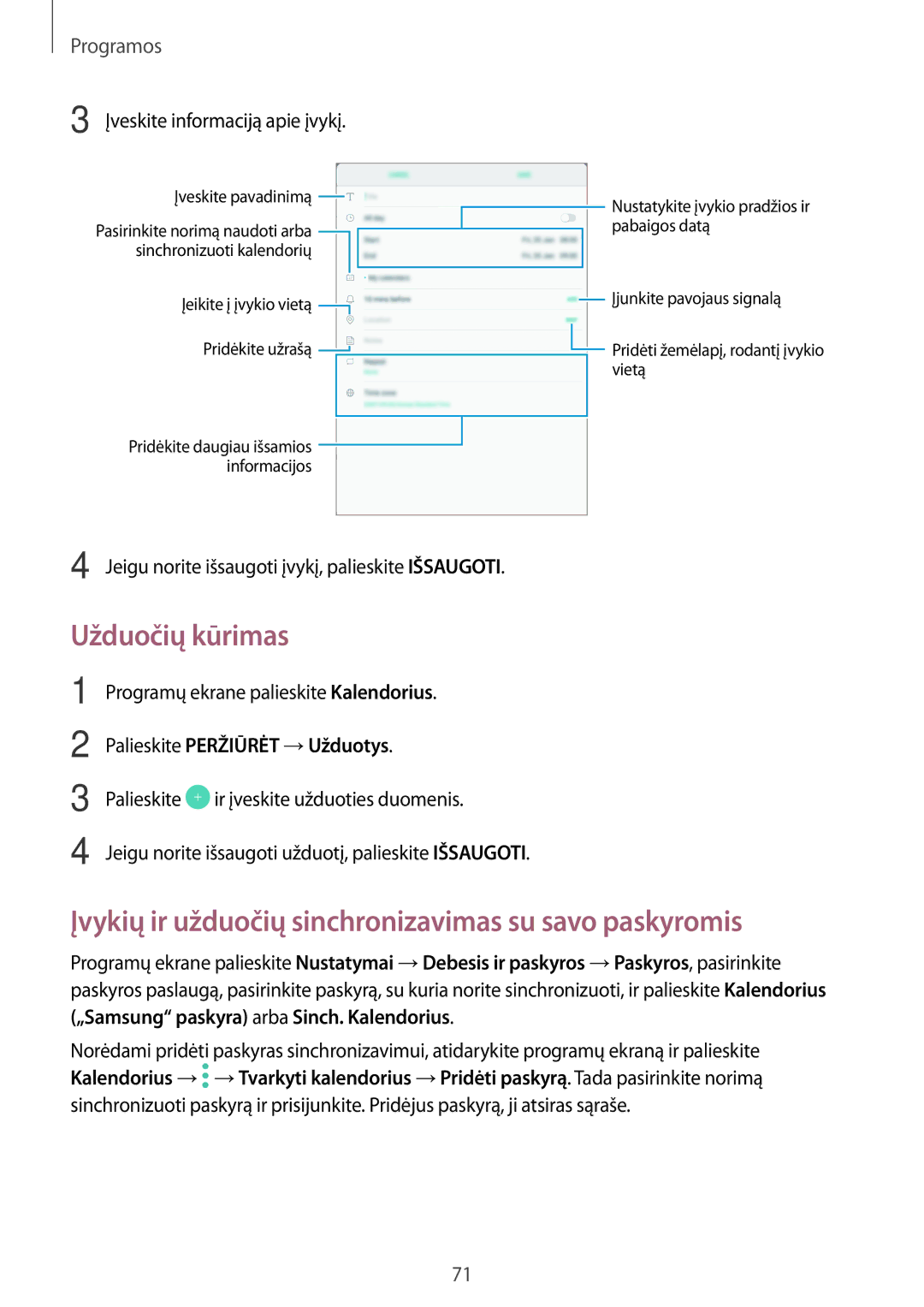 Samsung SM-T810NZDESEB, SM-T810NZKESEB manual Užduočių kūrimas, Įvykių ir užduočių sinchronizavimas su savo paskyromis 