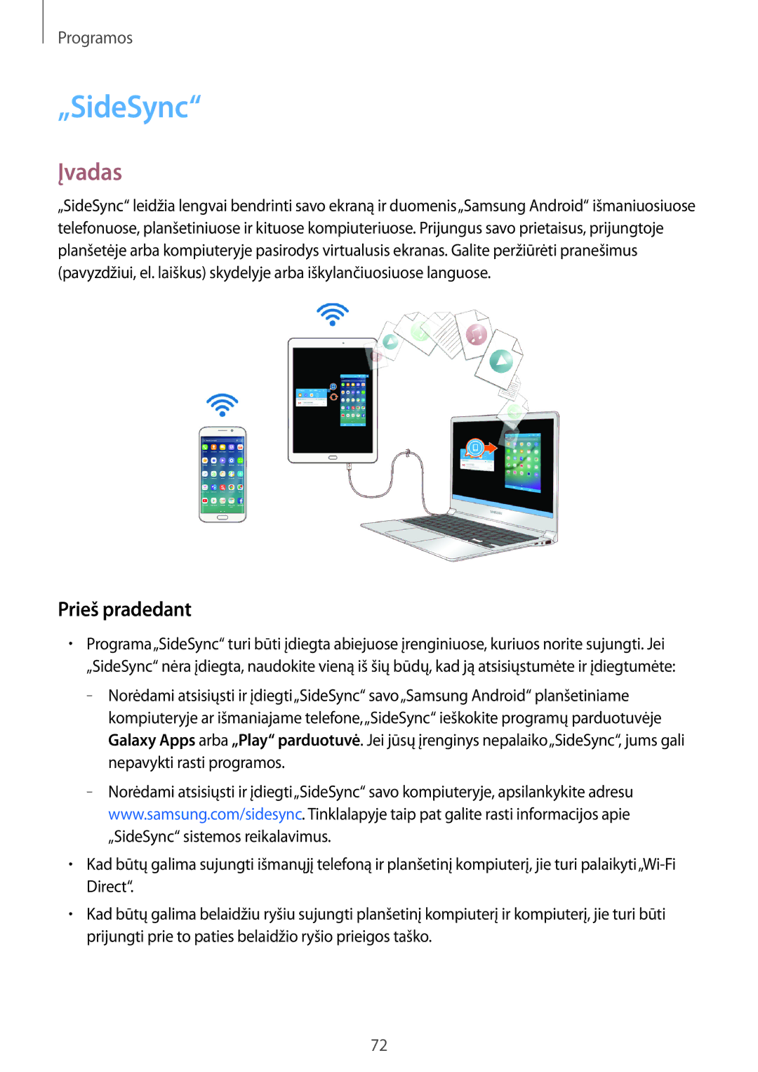 Samsung SM-T810NZKESEB, SM-T810NZWESEB, SM-T810NZDESEB manual „SideSync, Prieš pradedant 