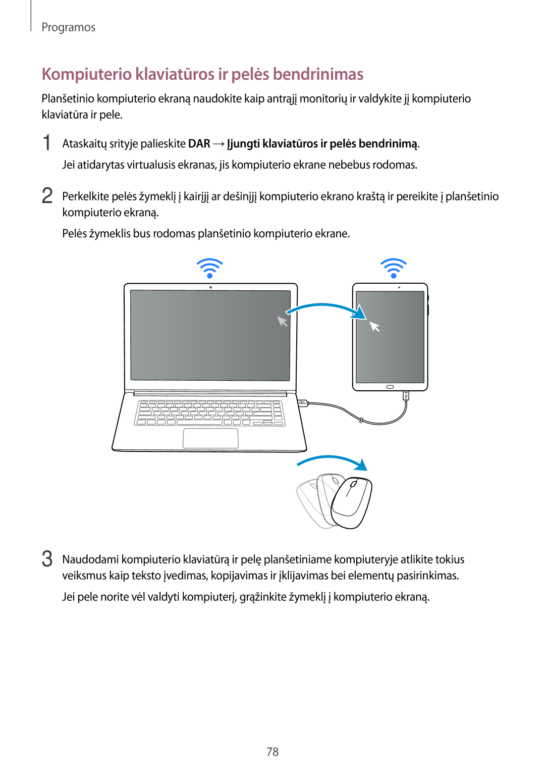 Samsung SM-T810NZKESEB, SM-T810NZWESEB, SM-T810NZDESEB manual Kompiuterio klaviatūros ir pelės bendrinimas 