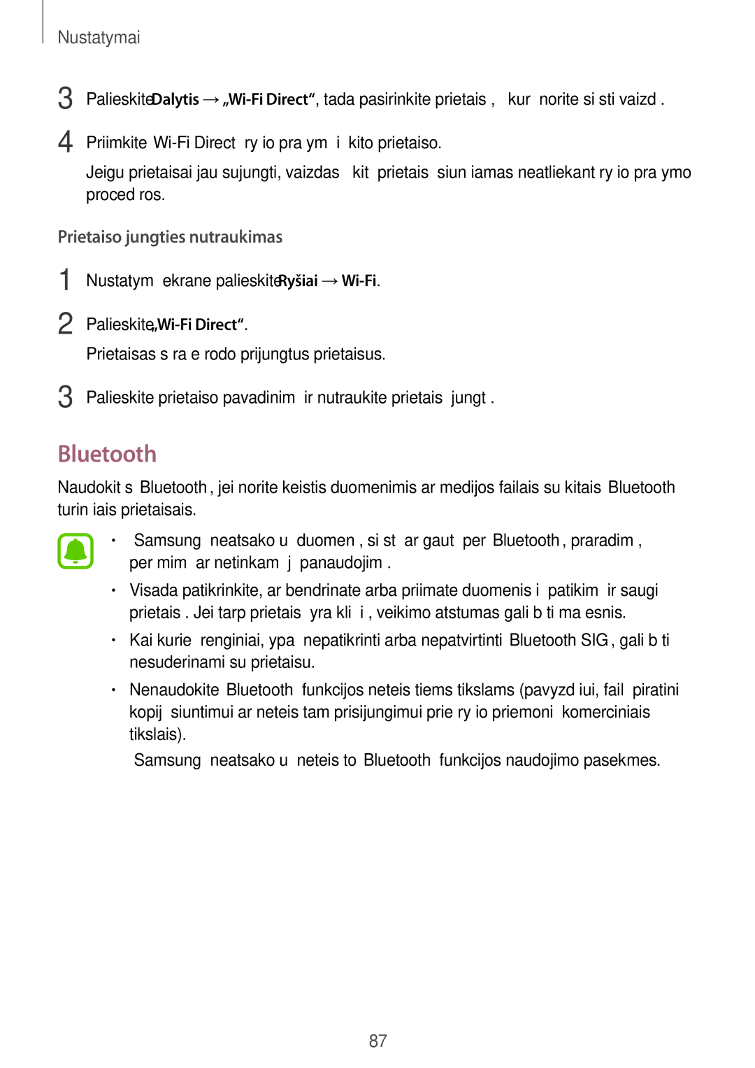 Samsung SM-T810NZKESEB, SM-T810NZWESEB, SM-T810NZDESEB manual Bluetooth, Prietaiso jungties nutraukimas 