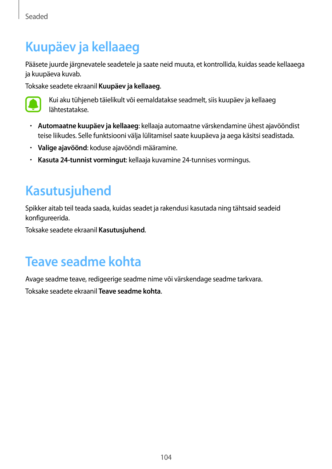 Samsung SM-T810NZDESEB, SM-T810NZKESEB, SM-T810NZWESEB manual Kuupäev ja kellaaeg, Kasutusjuhend, Teave seadme kohta 