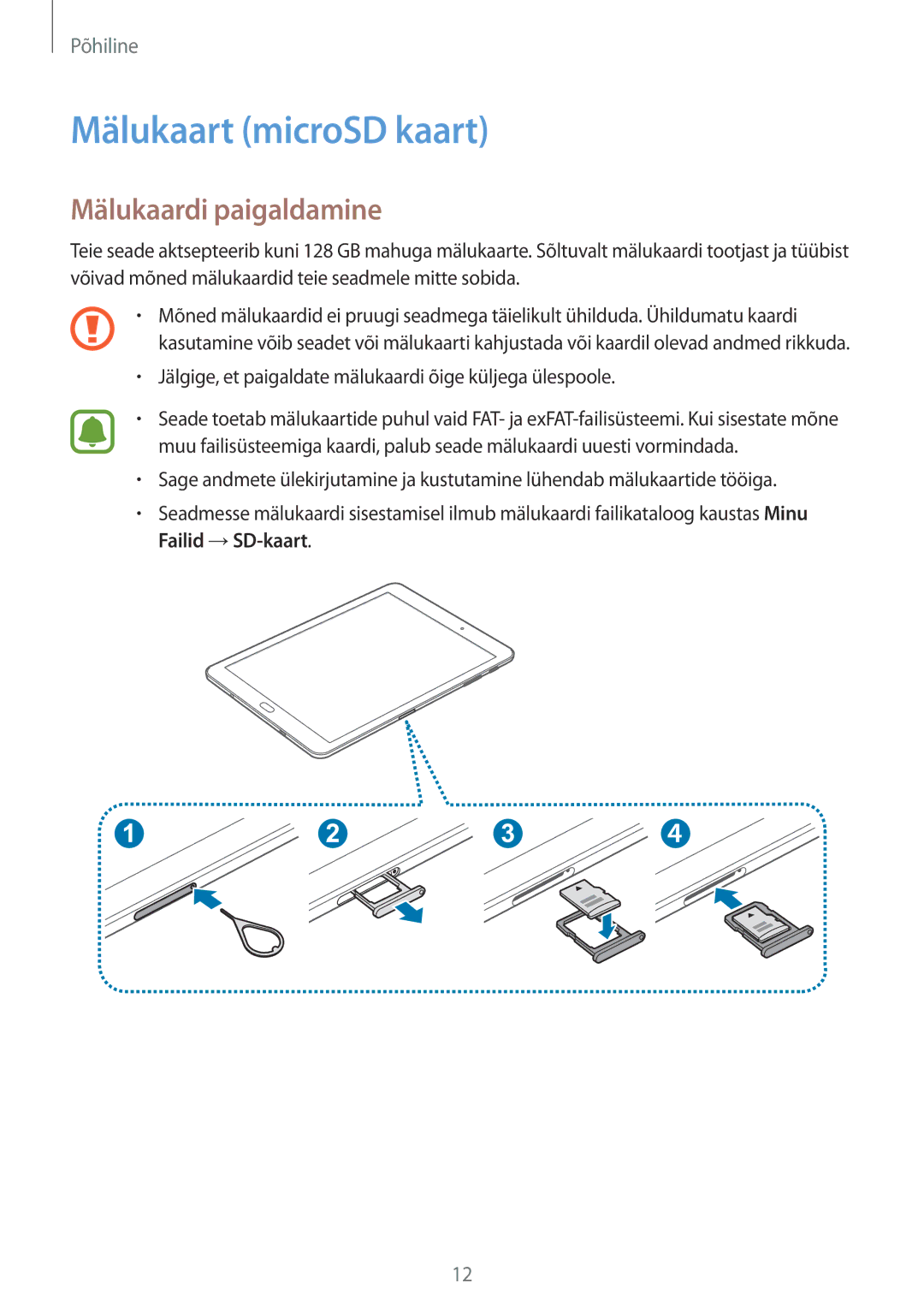 Samsung SM-T810NZKESEB, SM-T810NZWESEB, SM-T810NZDESEB manual Mälukaart microSD kaart, Mälukaardi paigaldamine 