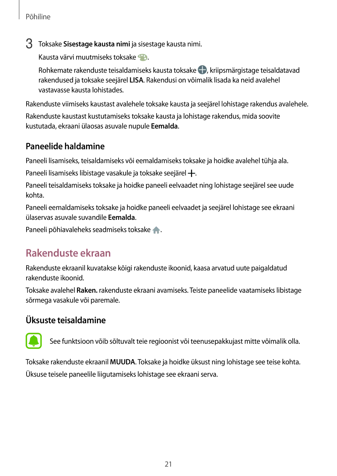 Samsung SM-T810NZKESEB, SM-T810NZWESEB, SM-T810NZDESEB manual Rakenduste ekraan, Paneelide haldamine 