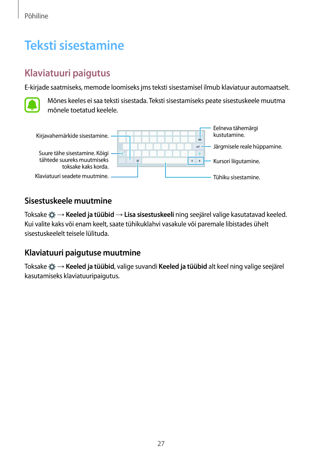 Samsung SM-T810NZKESEB, SM-T810NZWESEB manual Teksti sisestamine, Sisestuskeele muutmine, Klaviatuuri paigutuse muutmine 