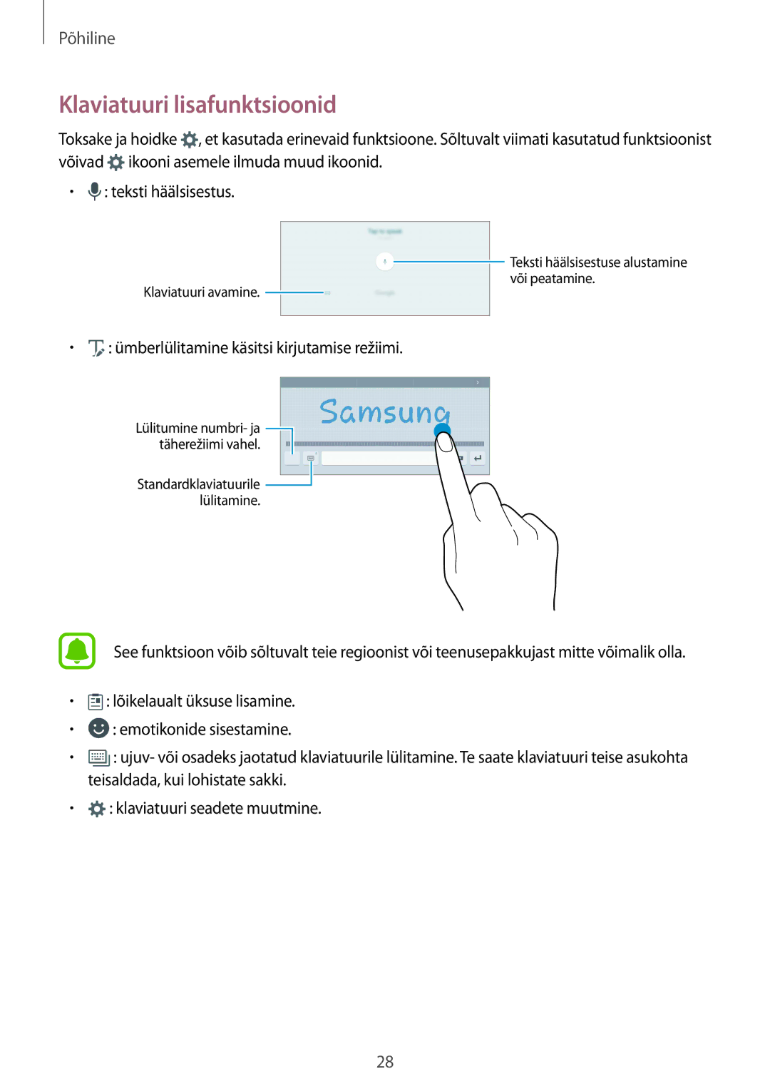 Samsung SM-T810NZWESEB, SM-T810NZKESEB manual Klaviatuuri lisafunktsioonid, Ümberlülitamine käsitsi kirjutamise režiimi 