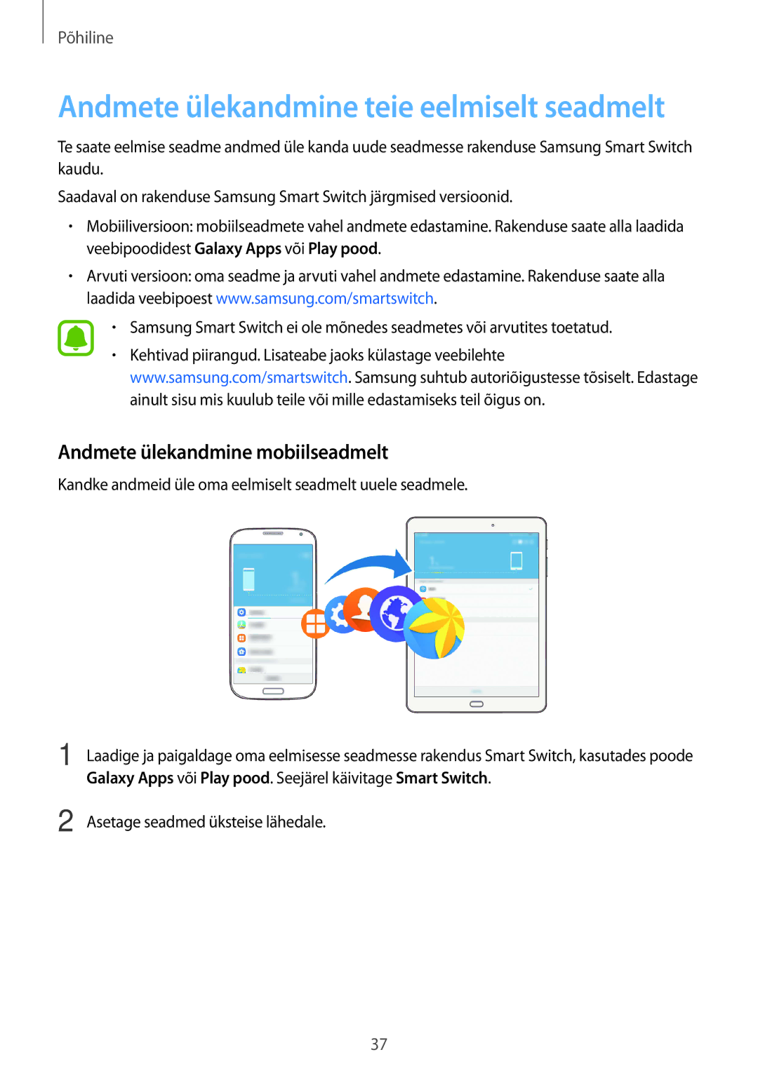 Samsung SM-T810NZWESEB Andmete ülekandmine mobiilseadmelt, Galaxy Apps või Play pood. Seejärel käivitage Smart Switch 