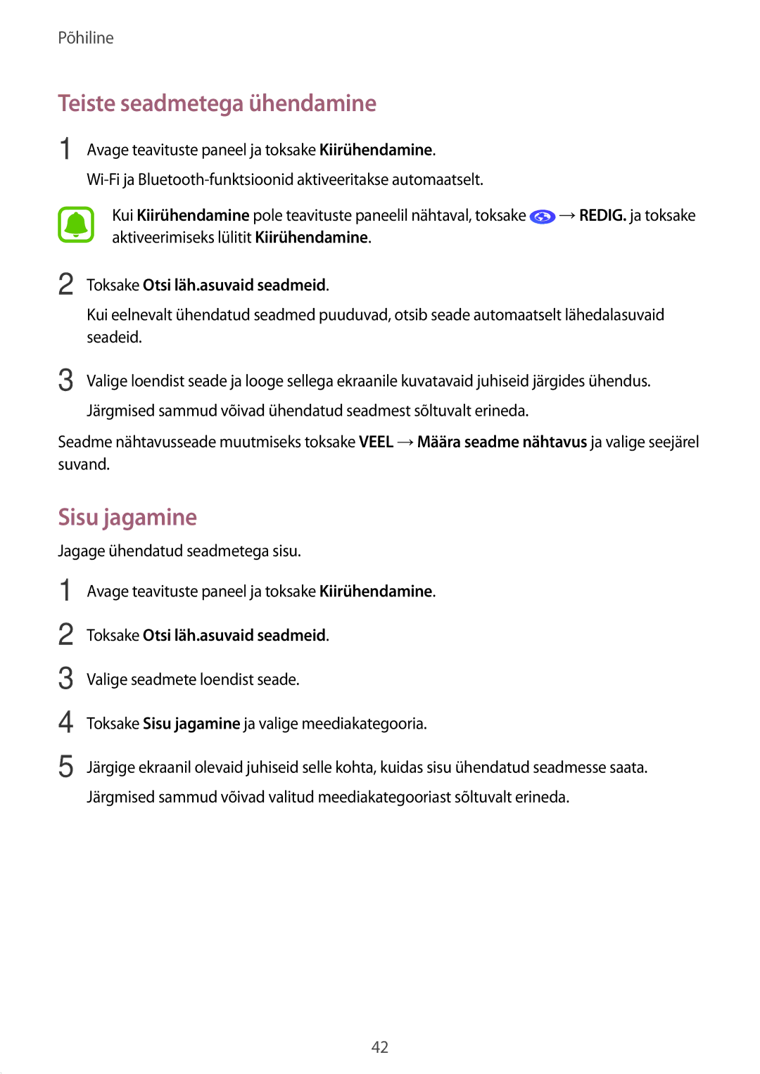 Samsung SM-T810NZKESEB, SM-T810NZWESEB manual Teiste seadmetega ühendamine, Sisu jagamine, Toksake Otsi läh.asuvaid seadmeid 