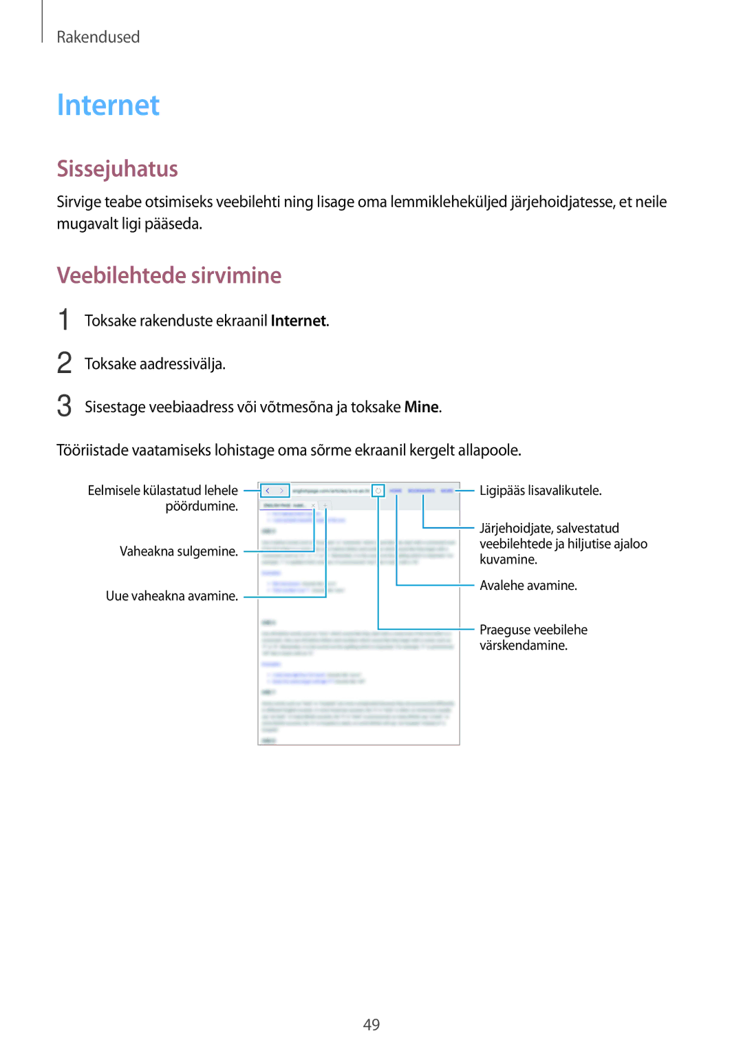 Samsung SM-T810NZWESEB, SM-T810NZKESEB, SM-T810NZDESEB manual Internet, Veebilehtede sirvimine 