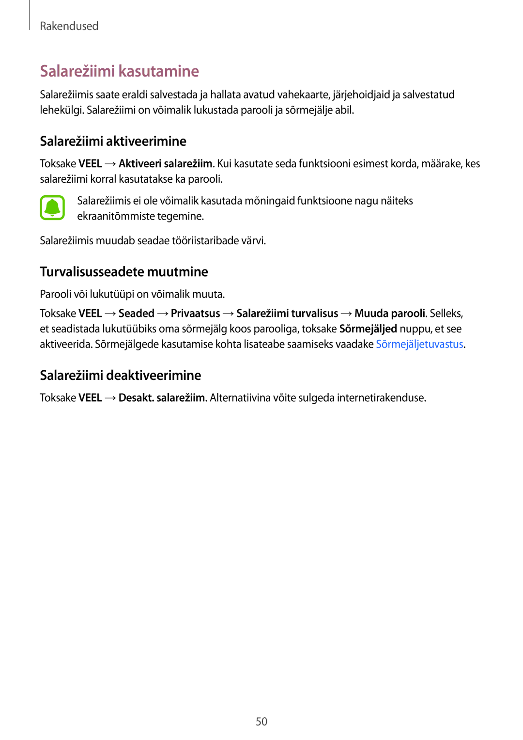 Samsung SM-T810NZDESEB, SM-T810NZKESEB manual Salarežiimi kasutamine, Salarežiimi aktiveerimine, Turvalisusseadete muutmine 