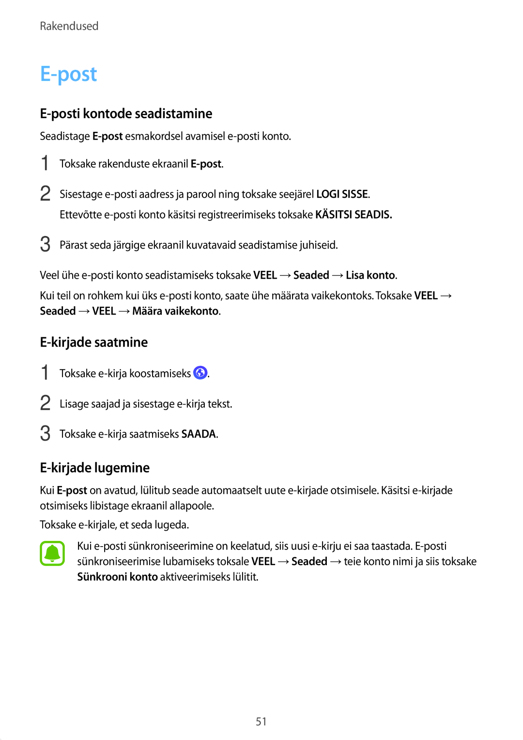 Samsung SM-T810NZKESEB, SM-T810NZWESEB, SM-T810NZDESEB Posti kontode seadistamine, Kirjade saatmine, Kirjade lugemine 