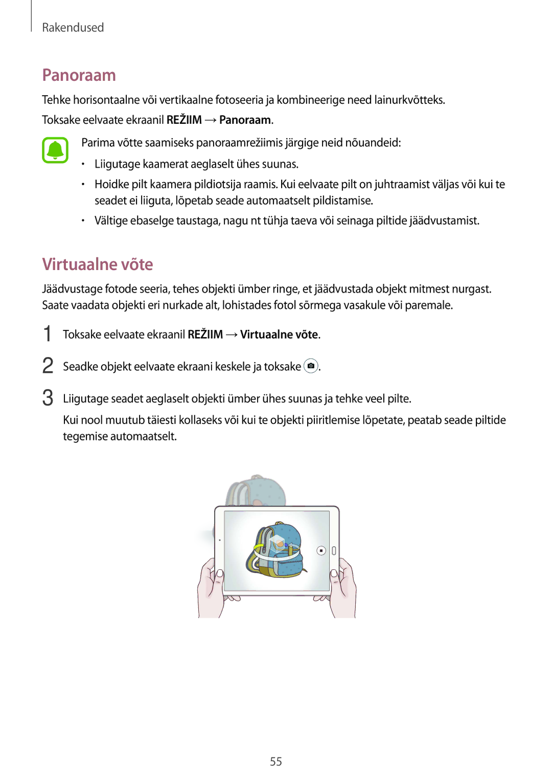 Samsung SM-T810NZWESEB, SM-T810NZKESEB, SM-T810NZDESEB manual Panoraam, Virtuaalne võte 