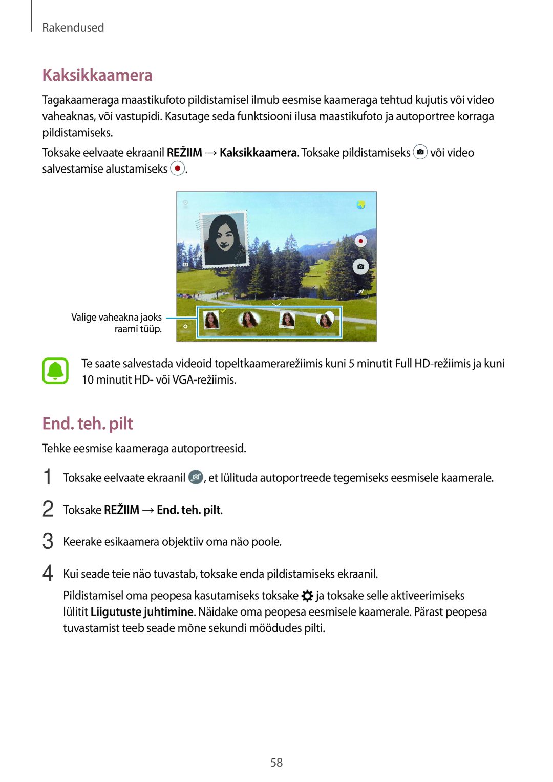 Samsung SM-T810NZWESEB, SM-T810NZKESEB, SM-T810NZDESEB manual Kaksikkaamera, Toksake Režiim →End. teh. pilt 