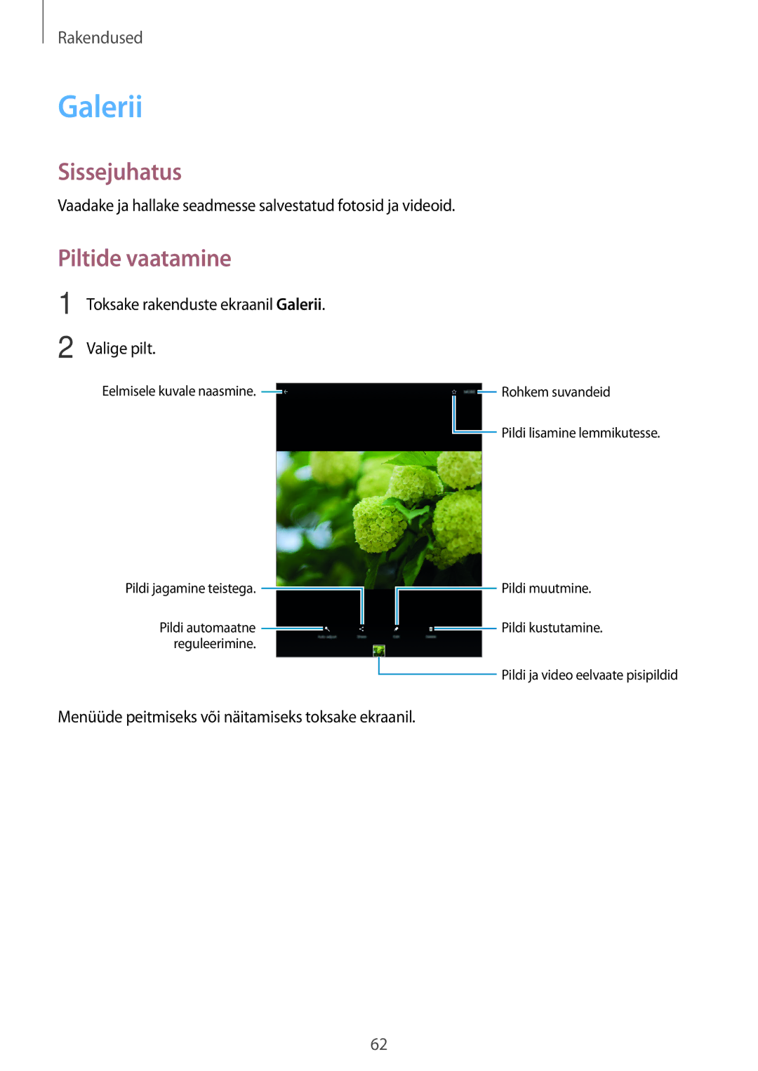 Samsung SM-T810NZDESEB, SM-T810NZKESEB, SM-T810NZWESEB manual Galerii, Piltide vaatamine 