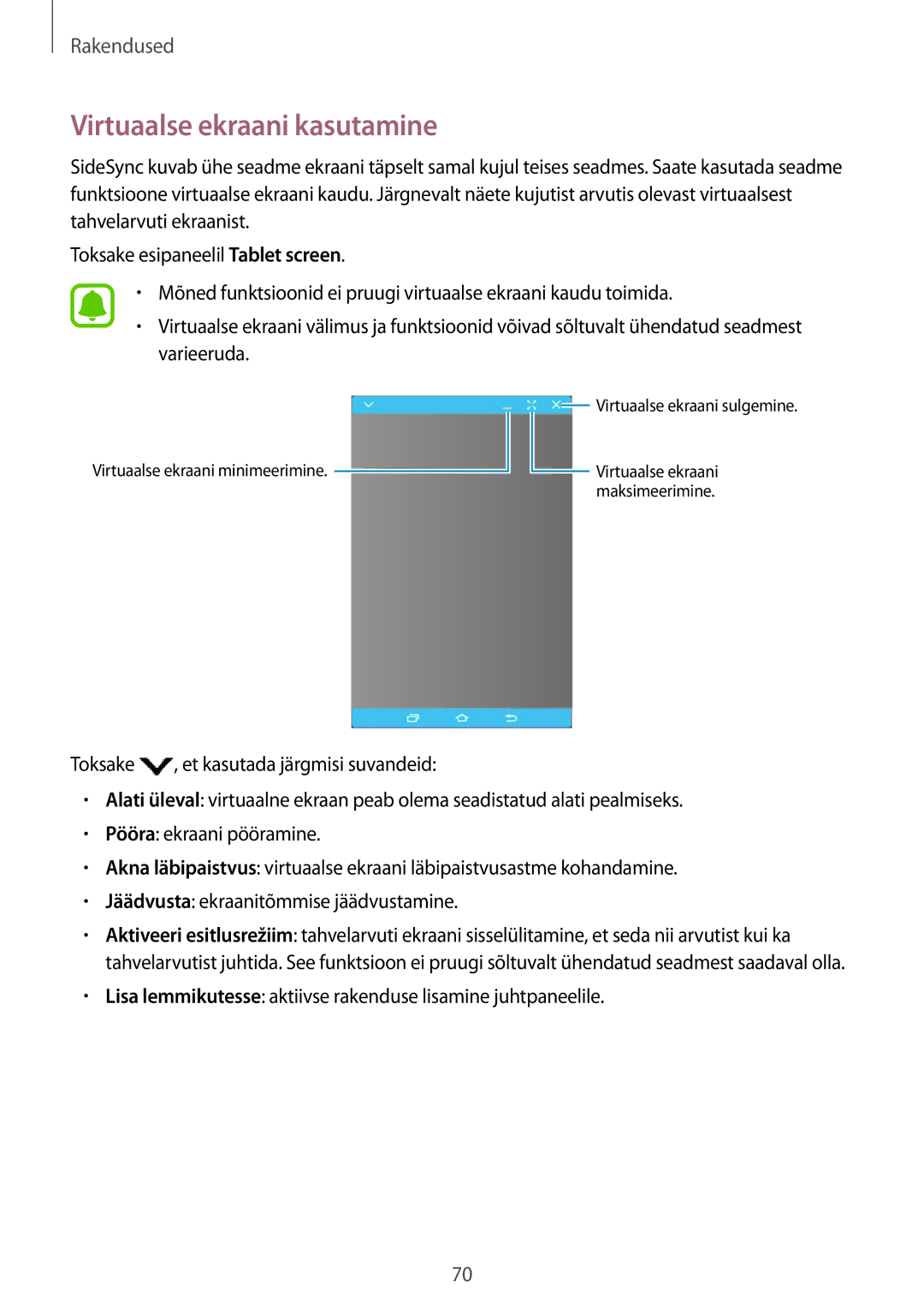 Samsung SM-T810NZWESEB, SM-T810NZKESEB, SM-T810NZDESEB manual Virtuaalse ekraani kasutamine 