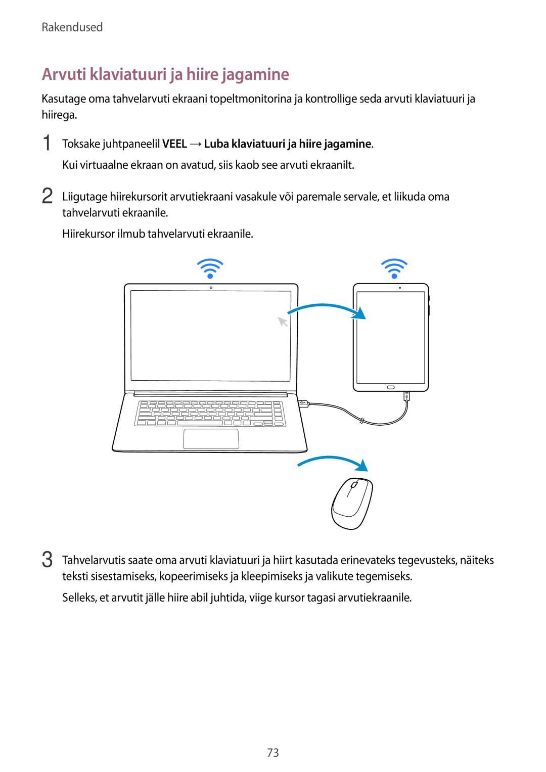 Samsung SM-T810NZWESEB, SM-T810NZKESEB, SM-T810NZDESEB manual Arvuti klaviatuuri ja hiire jagamine 