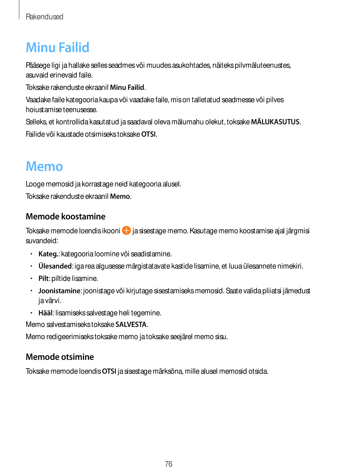 Samsung SM-T810NZWESEB, SM-T810NZKESEB, SM-T810NZDESEB manual Minu Failid, Memode koostamine, Memode otsimine 