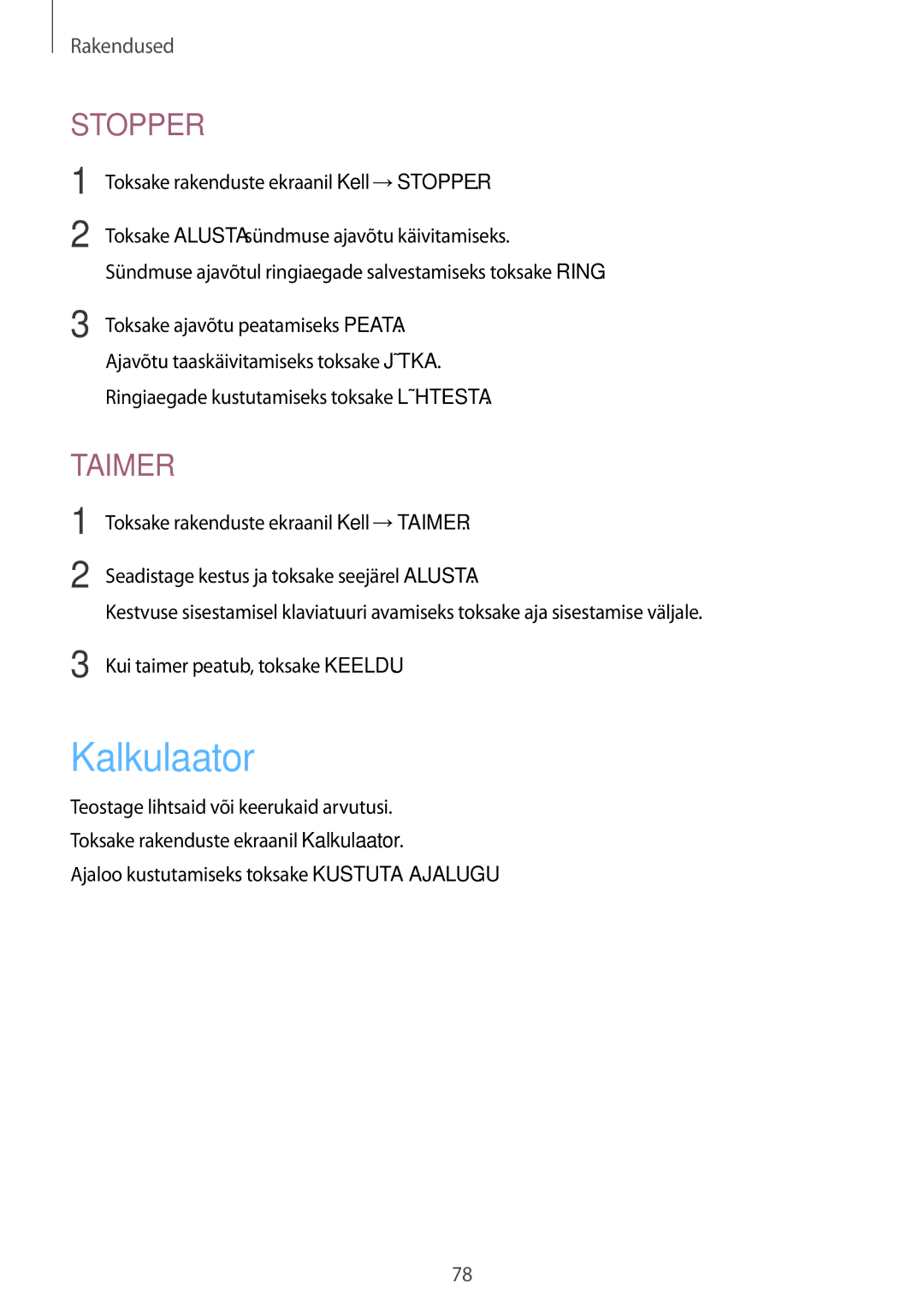 Samsung SM-T810NZKESEB, SM-T810NZWESEB, SM-T810NZDESEB manual Kalkulaator, Stopper 