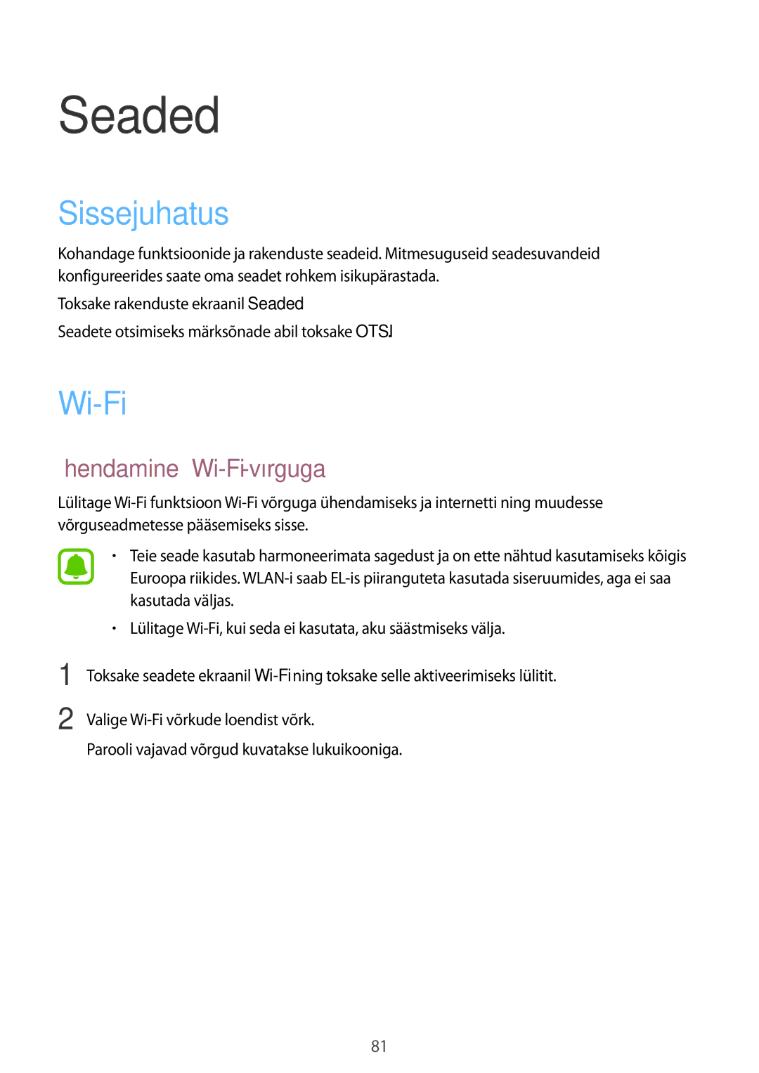 Samsung SM-T810NZKESEB, SM-T810NZWESEB, SM-T810NZDESEB manual Sissejuhatus, Ühendamine Wi-Fi-võrguga 