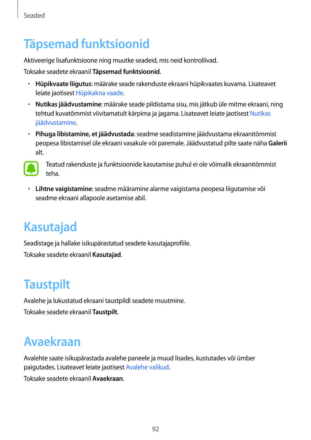 Samsung SM-T810NZDESEB, SM-T810NZKESEB, SM-T810NZWESEB manual Täpsemad funktsioonid, Kasutajad, Taustpilt, Avaekraan 
