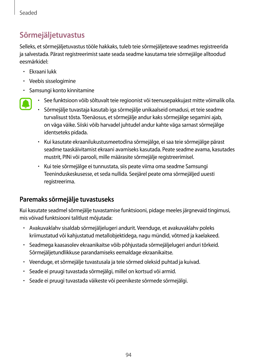 Samsung SM-T810NZWESEB, SM-T810NZKESEB, SM-T810NZDESEB manual Sõrmejäljetuvastus, Paremaks sõrmejälje tuvastuseks 