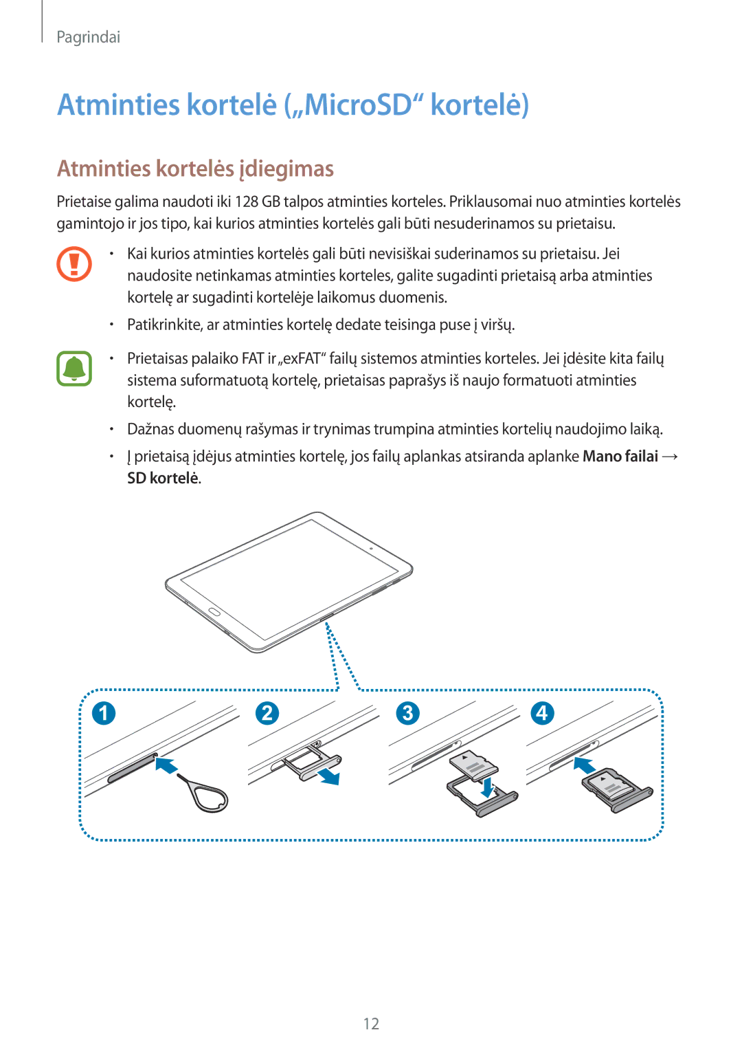 Samsung SM-T810NZKESEB, SM-T810NZWESEB, SM-T810NZDESEB Atminties kortelė „MicroSD kortelė, Atminties kortelės įdiegimas 