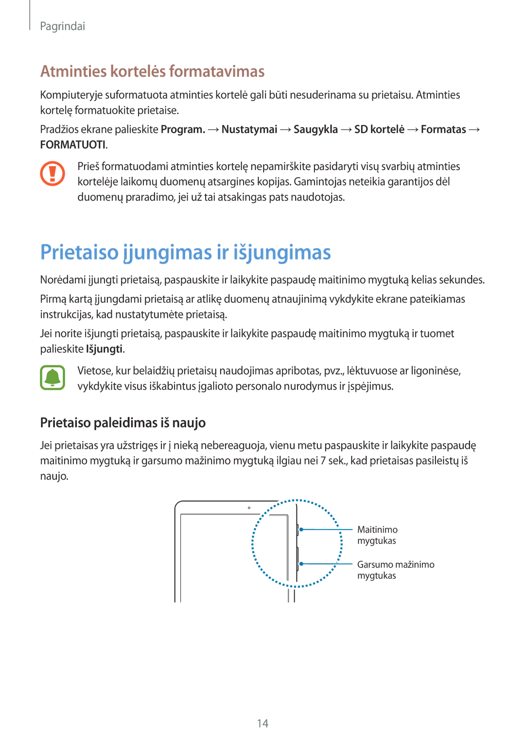 Samsung SM-T810NZDESEB Prietaiso įjungimas ir išjungimas, Atminties kortelės formatavimas, Prietaiso paleidimas iš naujo 