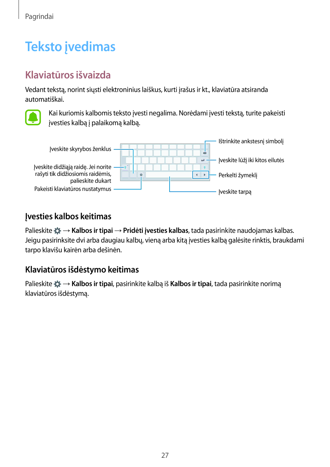 Samsung SM-T810NZKESEB Teksto įvedimas, Klaviatūros išvaizda, Įvesties kalbos keitimas, Klaviatūros išdėstymo keitimas 