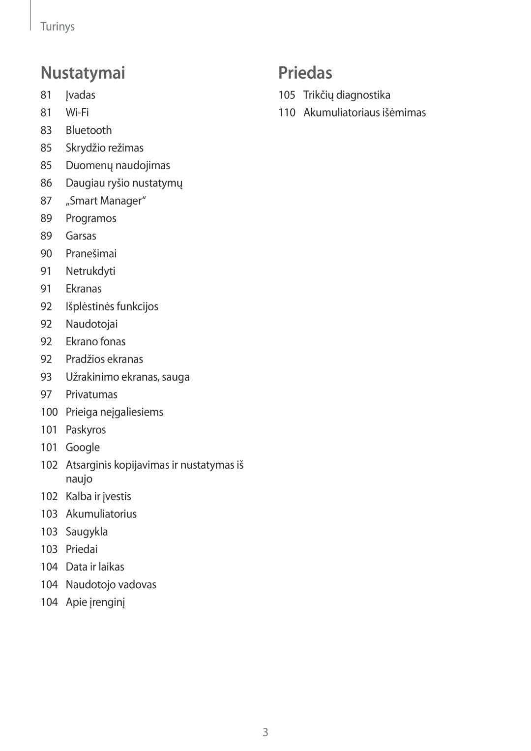 Samsung SM-T810NZKESEB, SM-T810NZWESEB, SM-T810NZDESEB manual NustatymaiPriedas, Įvadas 105 Trikčių diagnostika Wi-Fi 110 