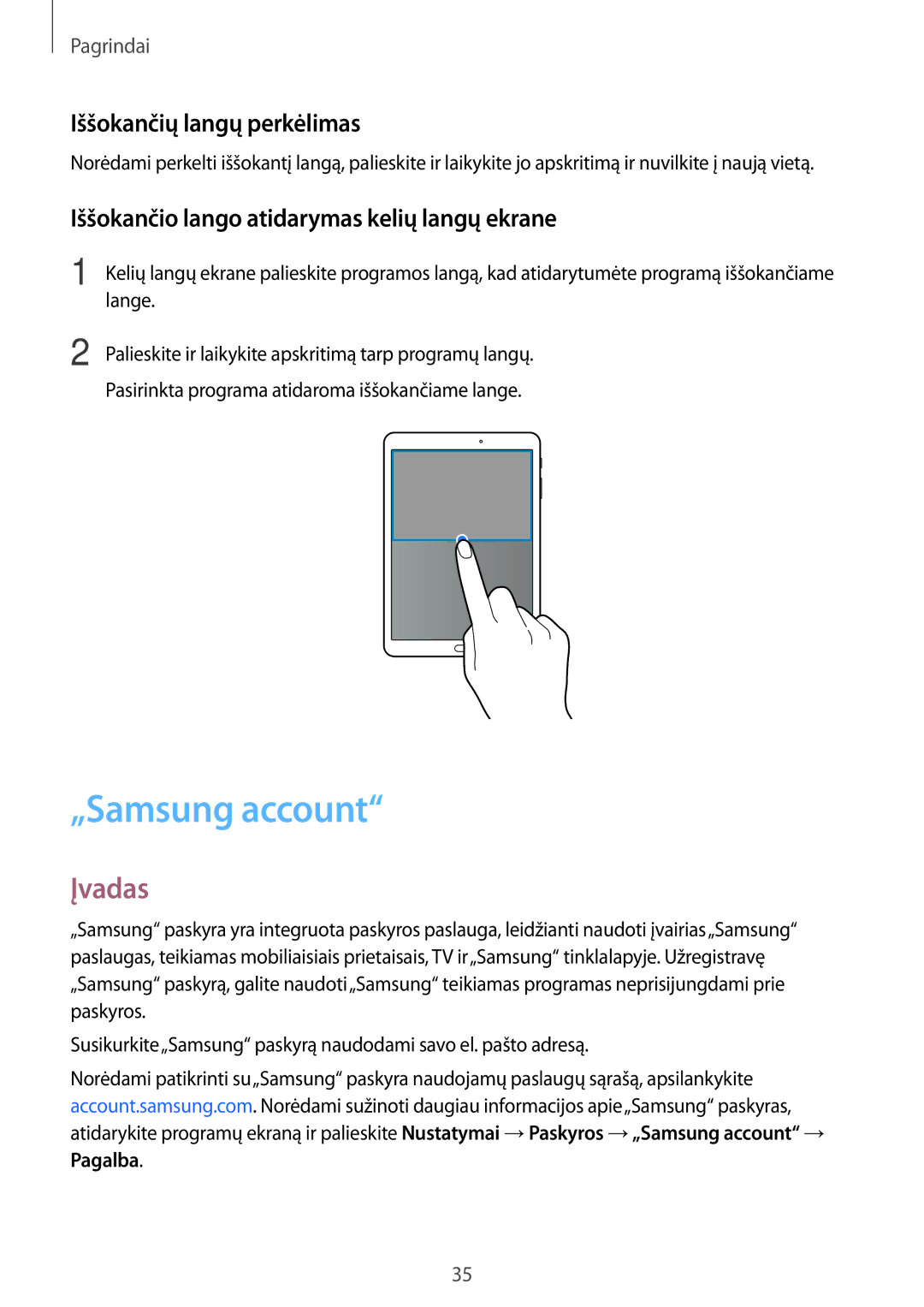 Samsung SM-T810NZDESEB manual „Samsung account, Iššokančių langų perkėlimas, Iššokančio lango atidarymas kelių langų ekrane 