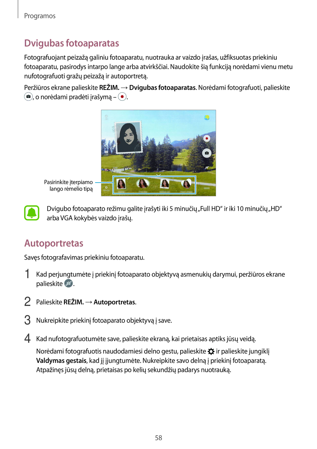 Samsung SM-T810NZWESEB, SM-T810NZKESEB, SM-T810NZDESEB manual Dvigubas fotoaparatas, Palieskite REŽIM. →Autoportretas 